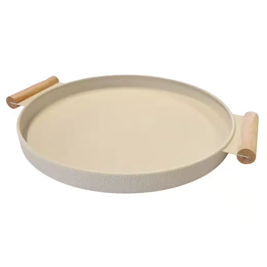 Dekotablett rund Metall Holz Creme Beige 36 cm Dekoschale