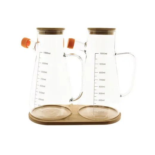 SUNAY Ölspender Set 3 teilig aus Glas mit Bambusdeckel und Untersetzer