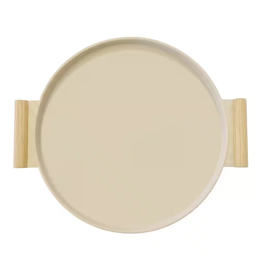 Dekotablett rund Metall Holz Creme Beige 36 cm Dekoschale