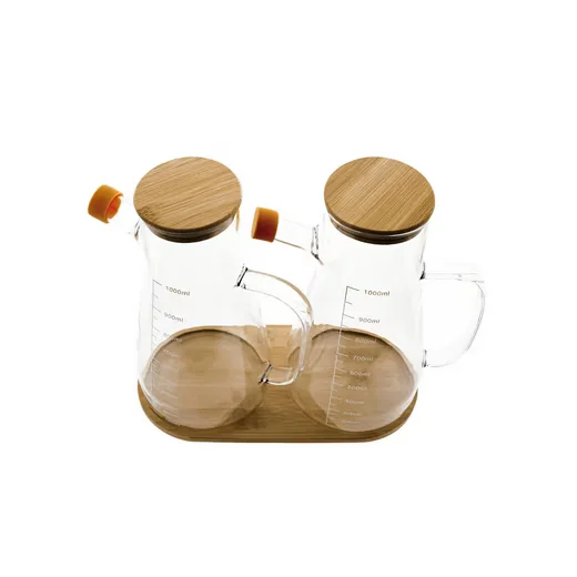 SUNAY Ölspender Set 3 teilig aus Glas mit Bambusdeckel und Untersetzer