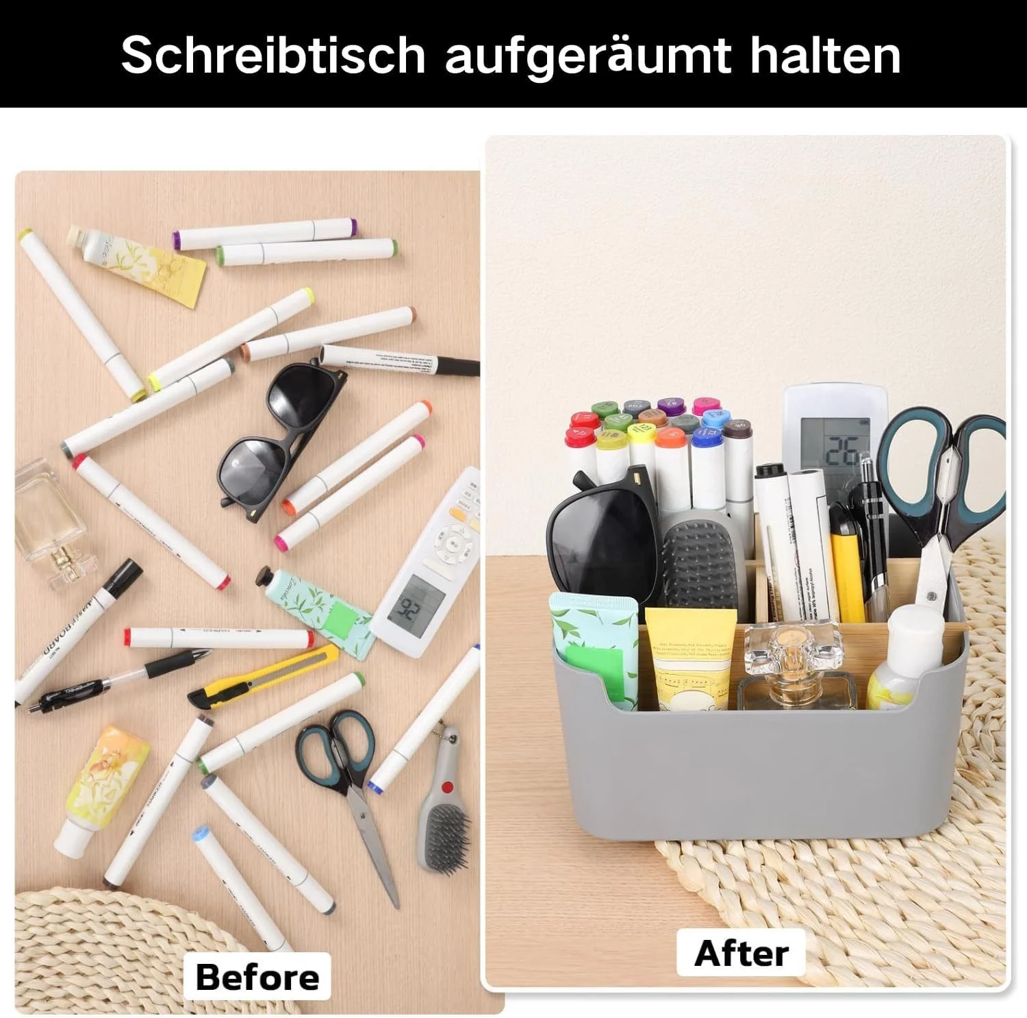 FELIXLEO Briefablage Bambus Schreibtisch Organizer 5 Fächer Stifthalter Grau