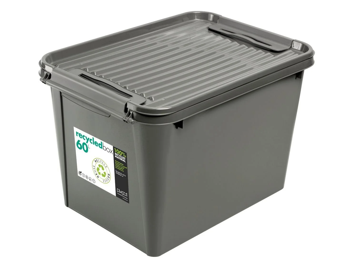 PLAST1 Aufbewahrungsbox 60L Grau mit Deckel und Rollen Recycled