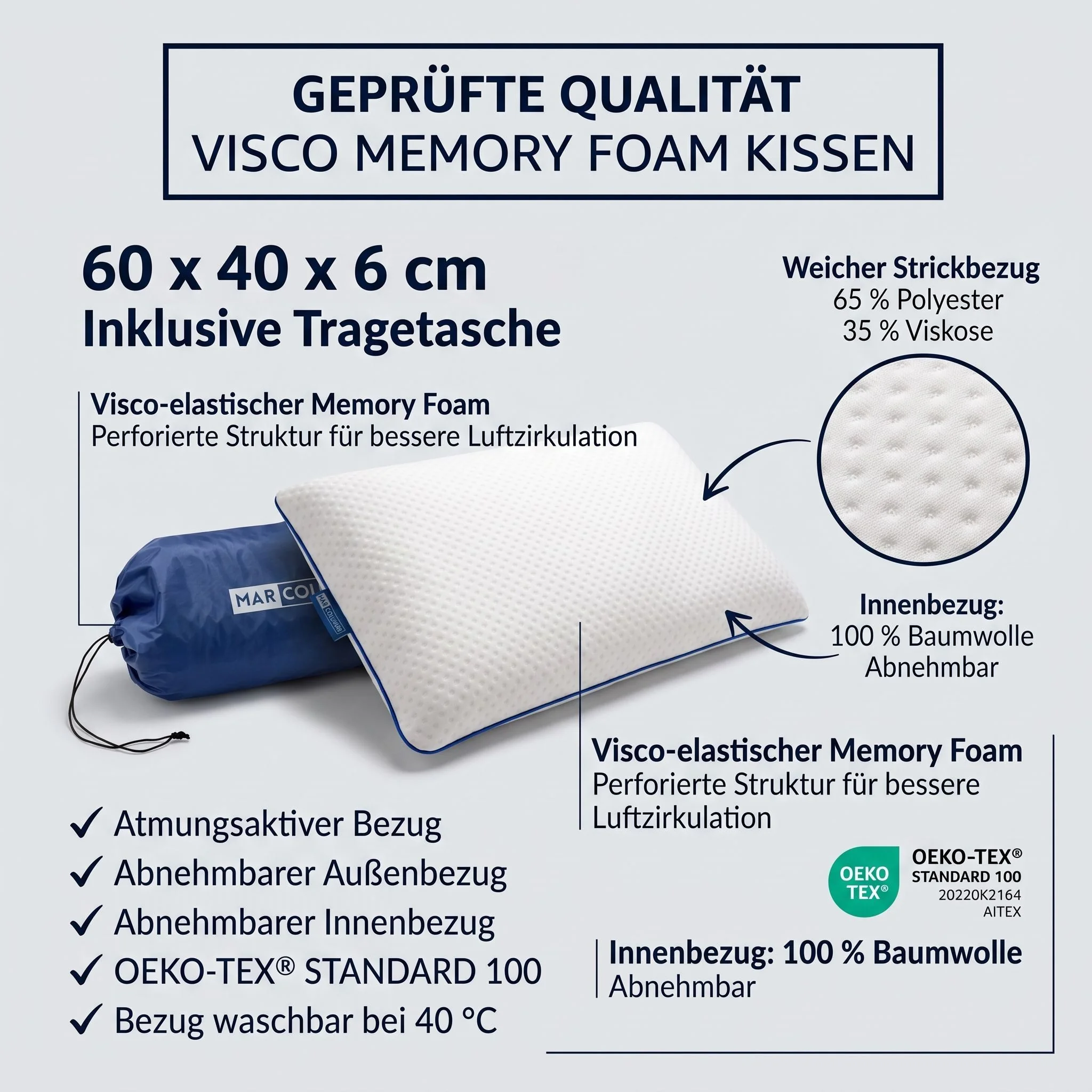 MARCOLUMB Kopfkissen MARCOLUMB Kinderkissen Memory Foam 60 x 40 x 6 cm mit Tragetasche