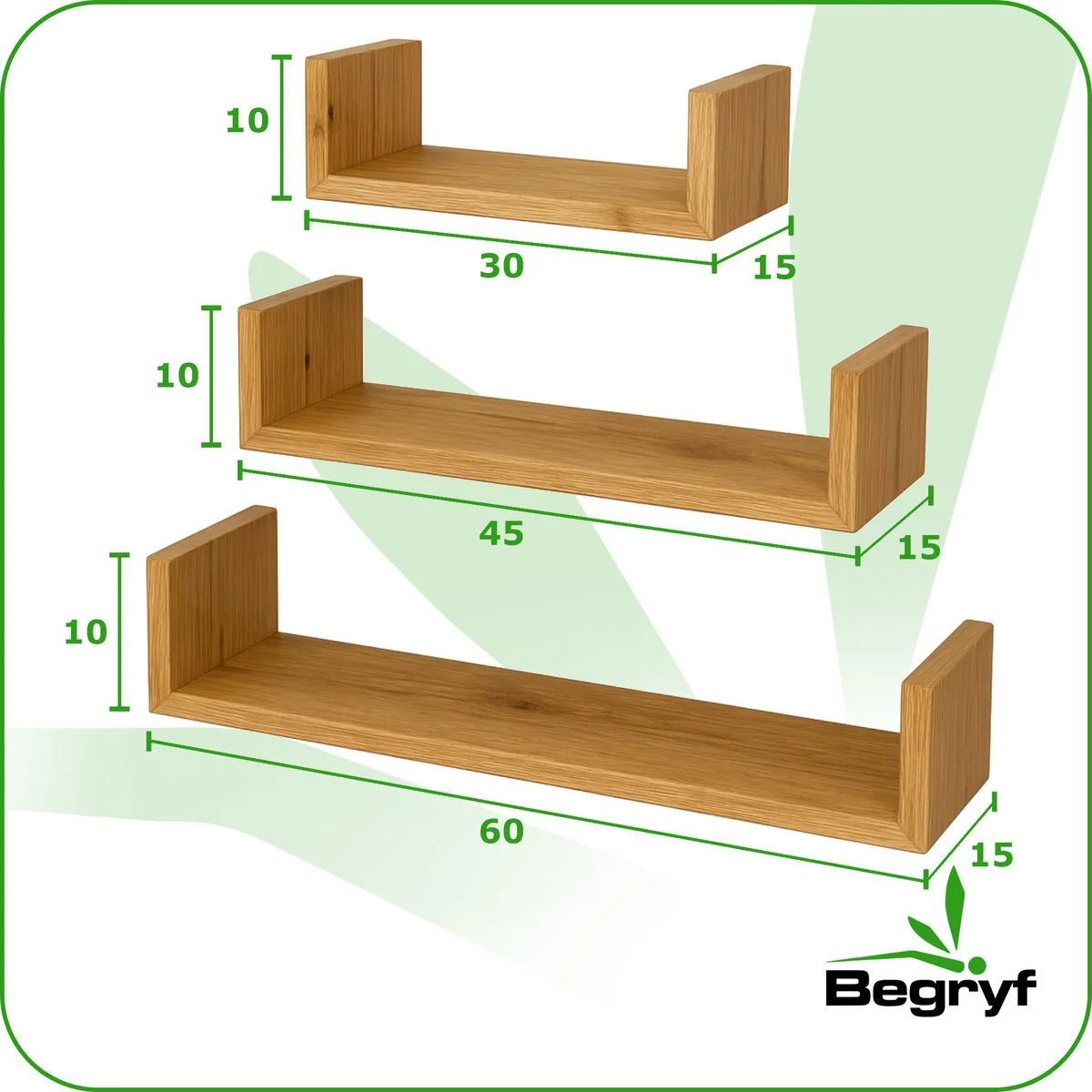 BEGRYF Wandregale 3er-Set Erlefarben 30/45/60 x 15 x 10 cm