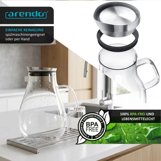 ARENDO Glaskaraffe 2,5 L mit Edelstahldeckel, Henkel und Grobfilter