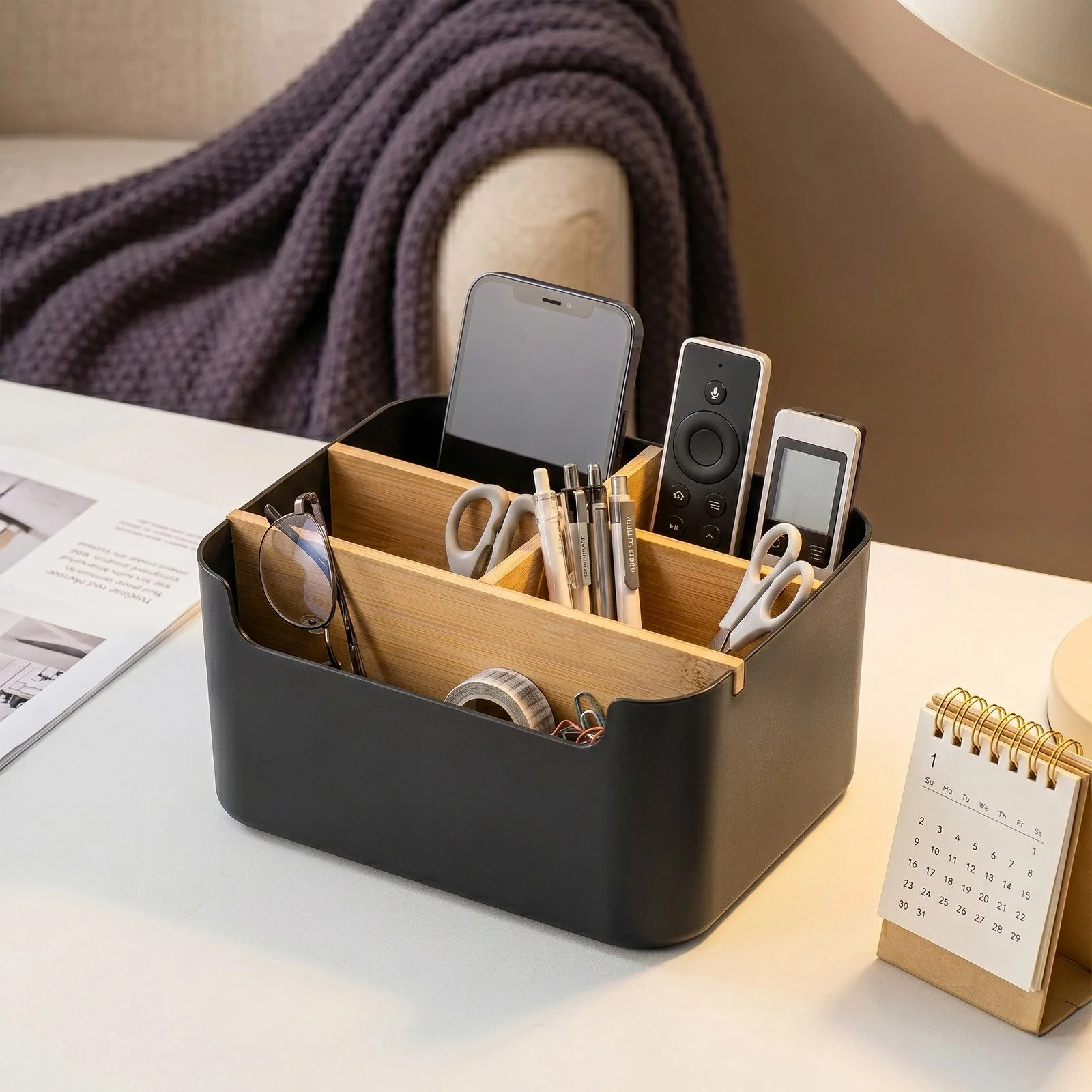 YOUYIJIA Aufbewahrungsbox Bambus Schreibtisch Organizer with 5 Compartments, Büro Organizer