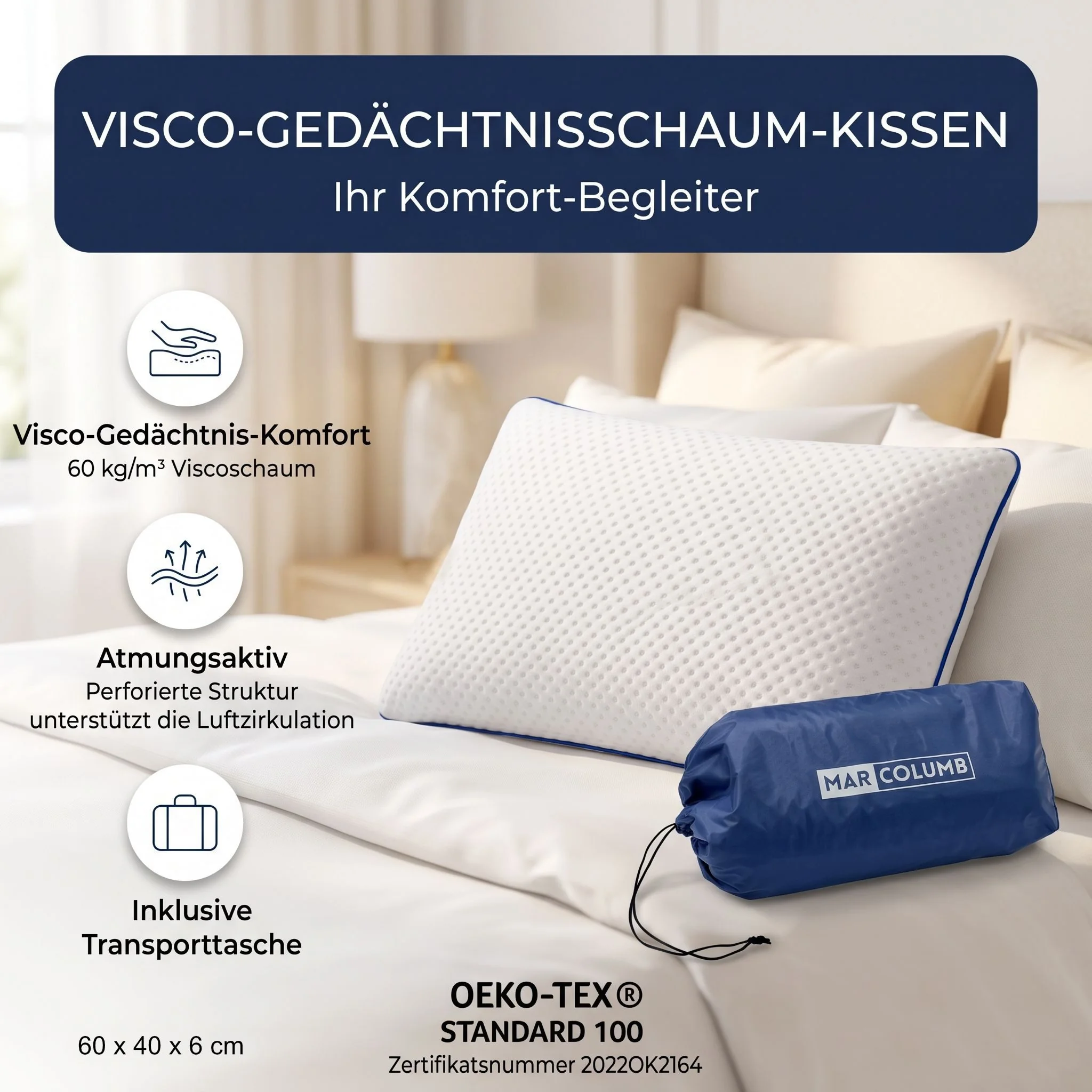 MARCOLUMB Kopfkissen MARCOLUMB Kinderkissen Memory Foam 60 x 40 x 6 cm mit Tragetasche