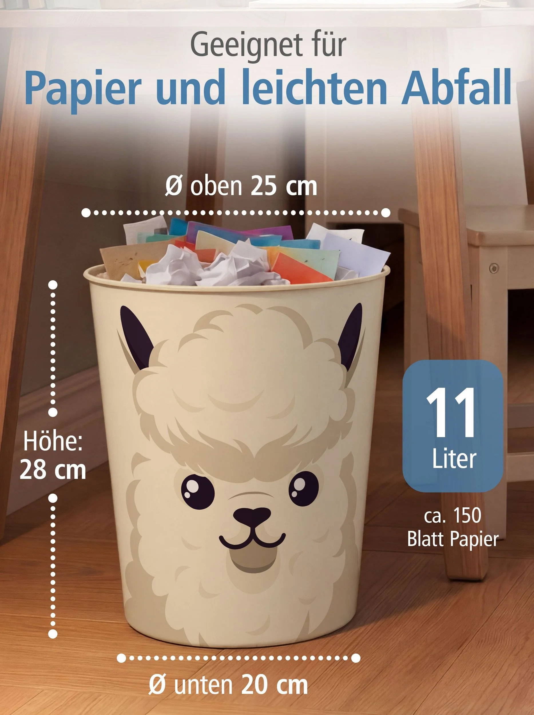 ITENGA Papierkorb Alpaka Lama Kawaii ca 11 Liter Tiermotiv
