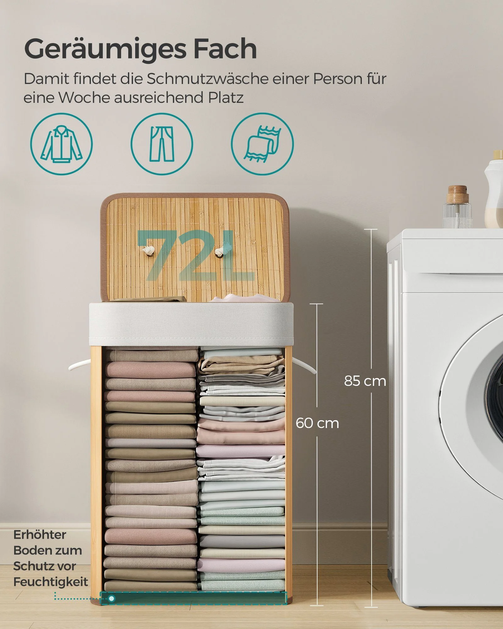 SONGMICS Wäschekorb mit Deckel aus Bambus faltbar Wäschesammler