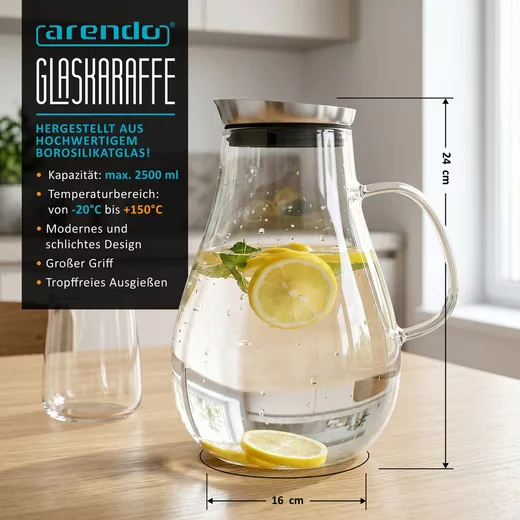 ARENDO Glaskaraffe 2,5 L mit Edelstahldeckel, Henkel und Grobfilter