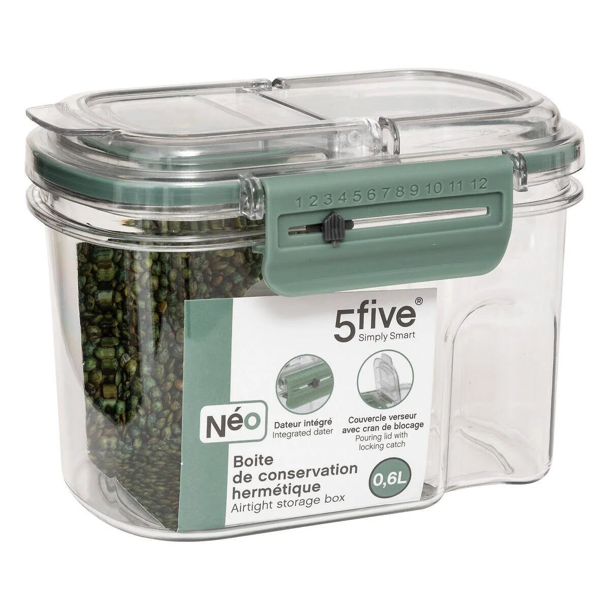 5FIVE SIMPLY SMART Vorratsdose Luftdichter Lebensmittelbehälter PP NEO mit Datumsanzeige, 600 ml