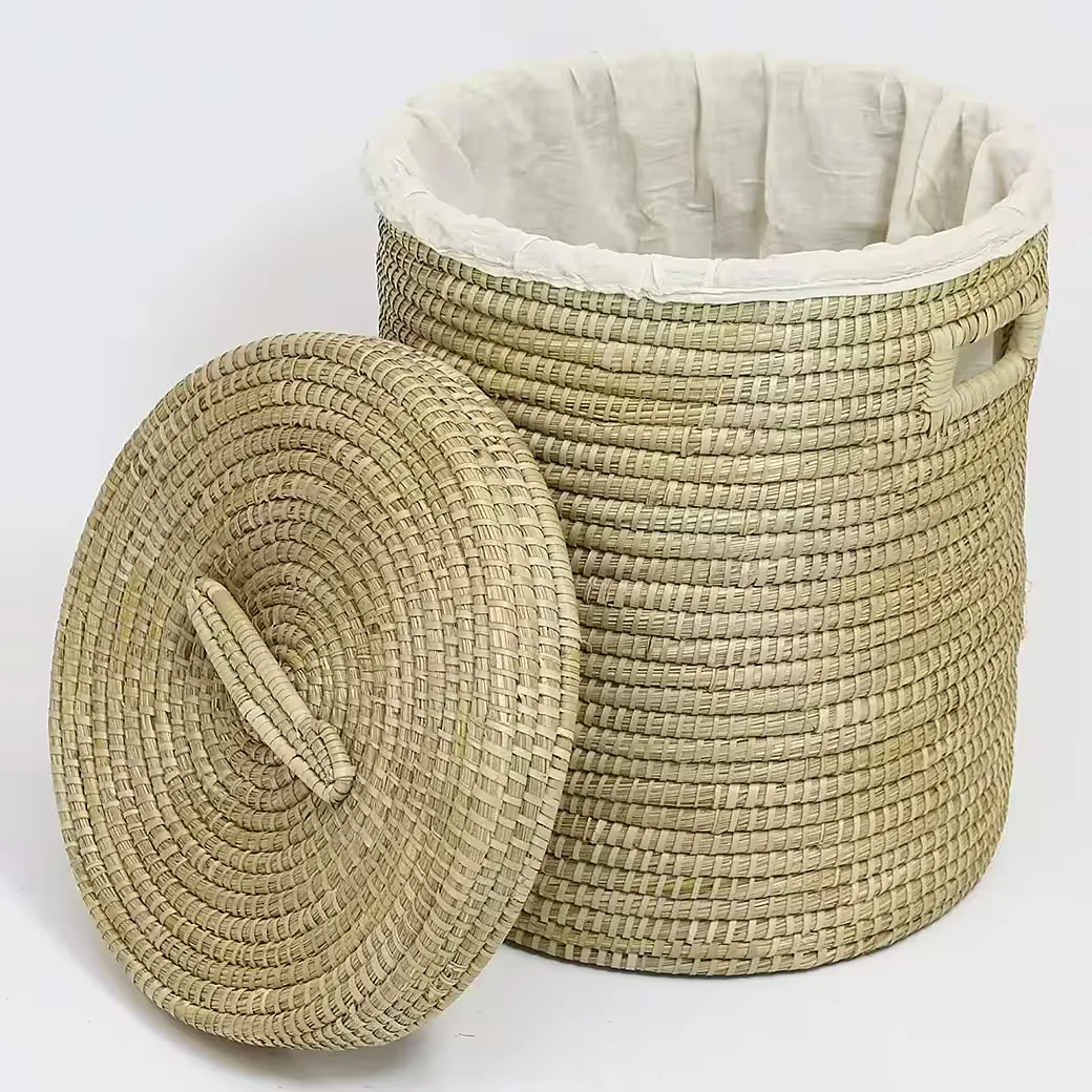 Wäschekorb aus Seegras mit Deckel, Wäschesammler mit Textileinlage, in 2 Größen
