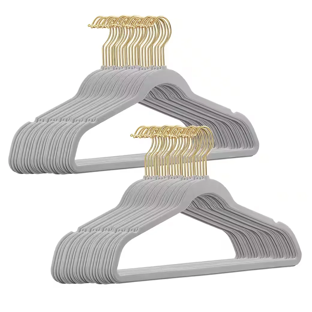 STICKANDSHINE Samt Kleiderbügel 50er Set rutschfest mit Goldhaken
