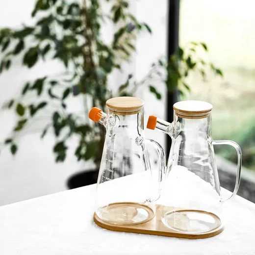 SUNAY Ölspender Set 3 teilig aus Glas mit Bambusdeckel und Untersetzer