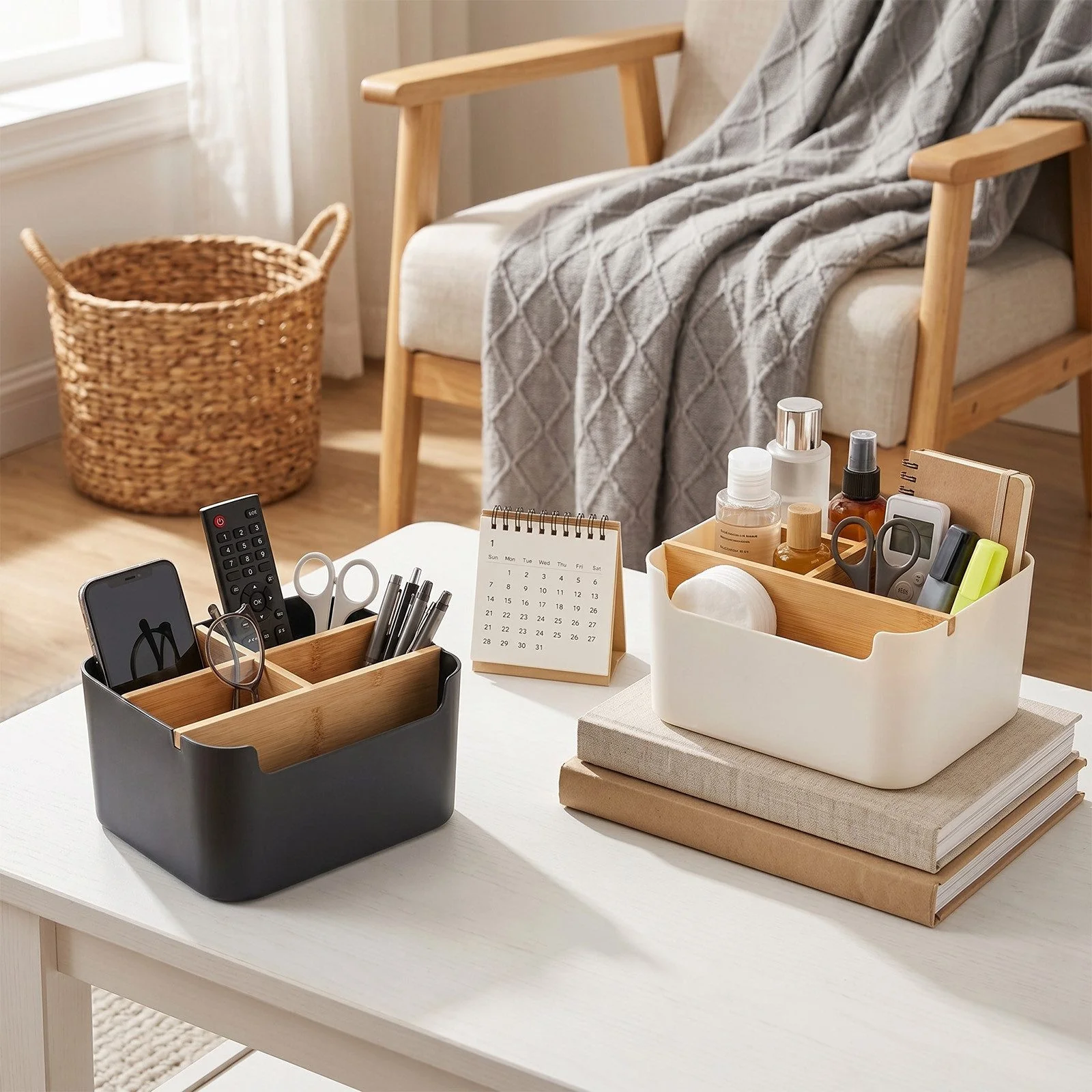 YOUYIJIA Aufbewahrungsbox Bambus Schreibtisch Organizer with 5 Compartments, Büro Organizer
