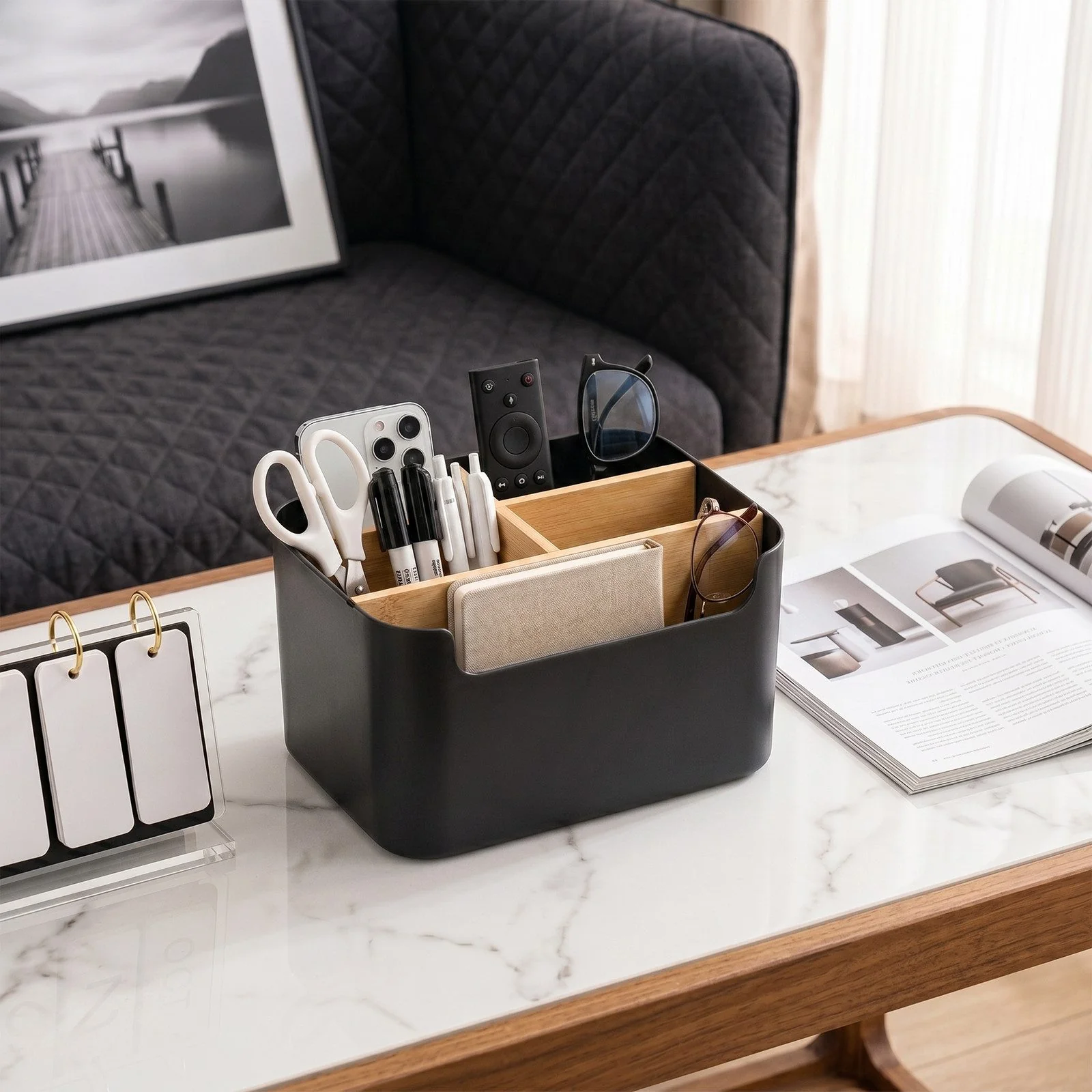 YOUYIJIA Aufbewahrungsbox Bambus Schreibtisch Organizer with 5 Compartments, Büro Organizer