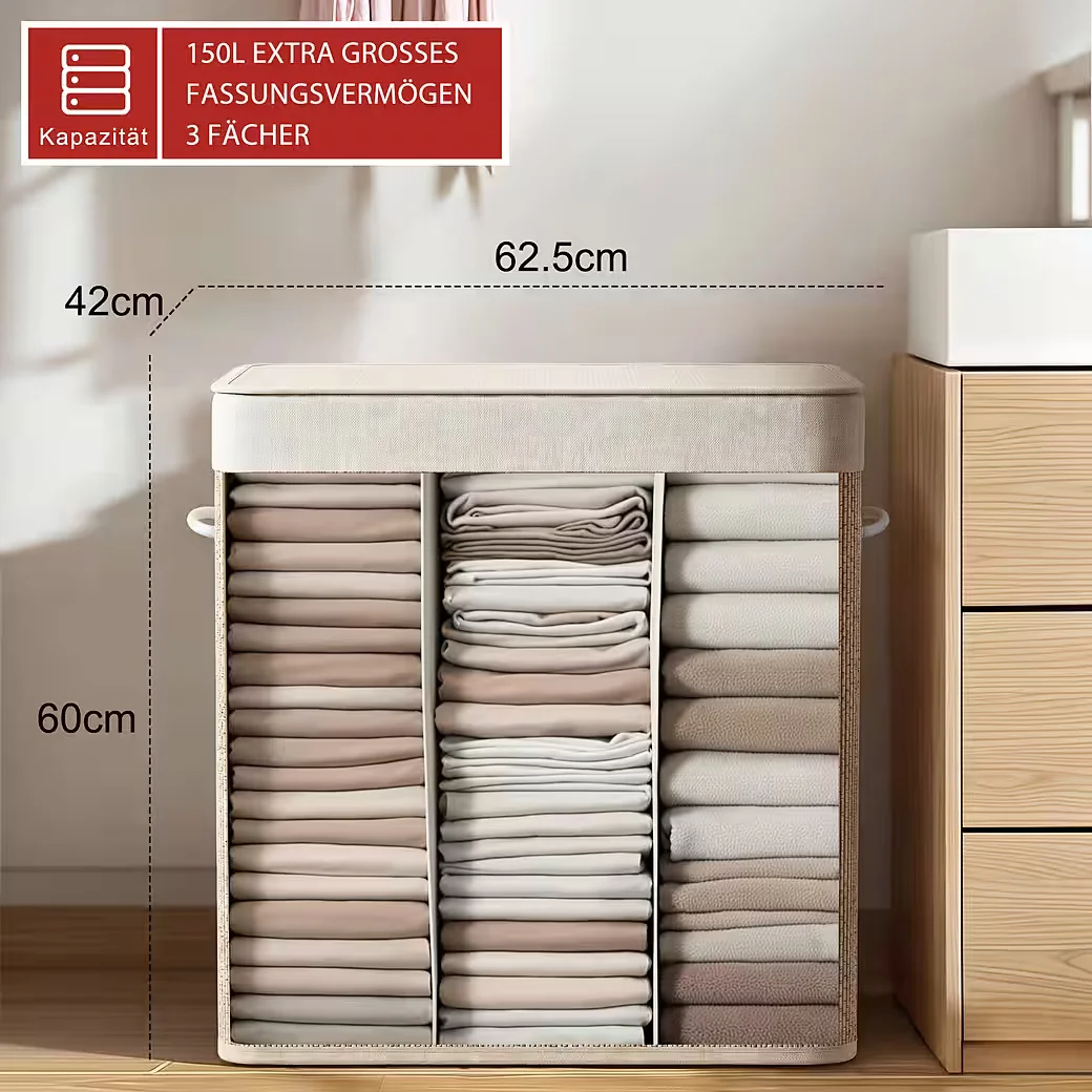 HAUSRIGHT Wäschekorb 150L mit Deckel 3 Fächer faltbar Bambusoptik