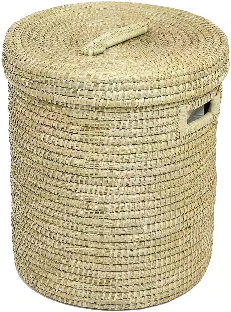 Wäschekorb aus Seegras mit Deckel, Wäschesammler mit Textileinlage, in 2 Größen