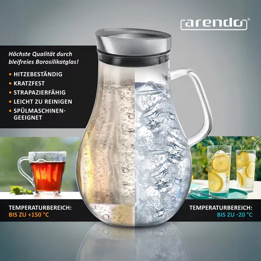 ARENDO Glaskaraffe 2,5 L mit Edelstahldeckel, Henkel und Grobfilter