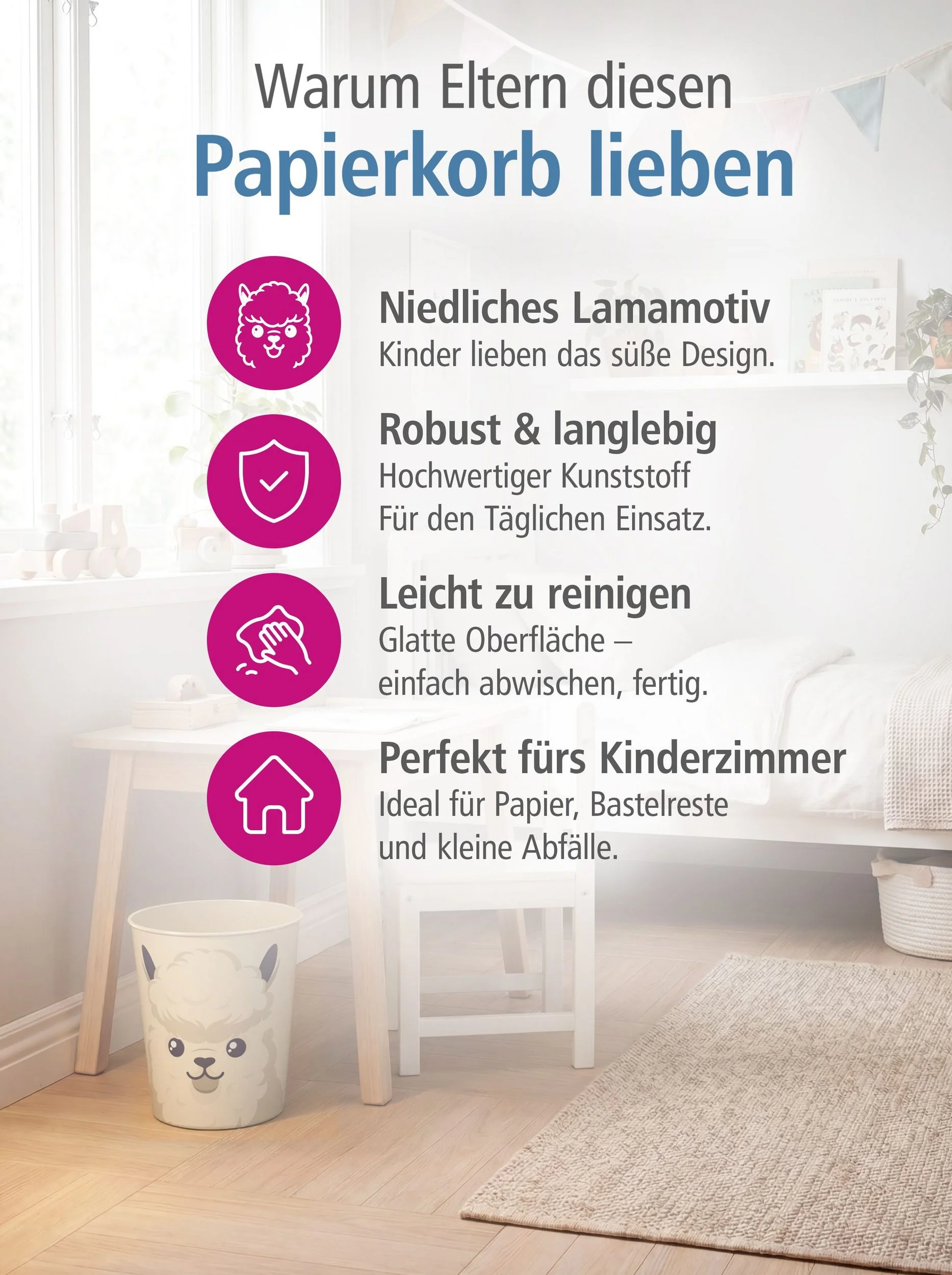 ITENGA Papierkorb Alpaka Lama Kawaii ca 11 Liter Tiermotiv