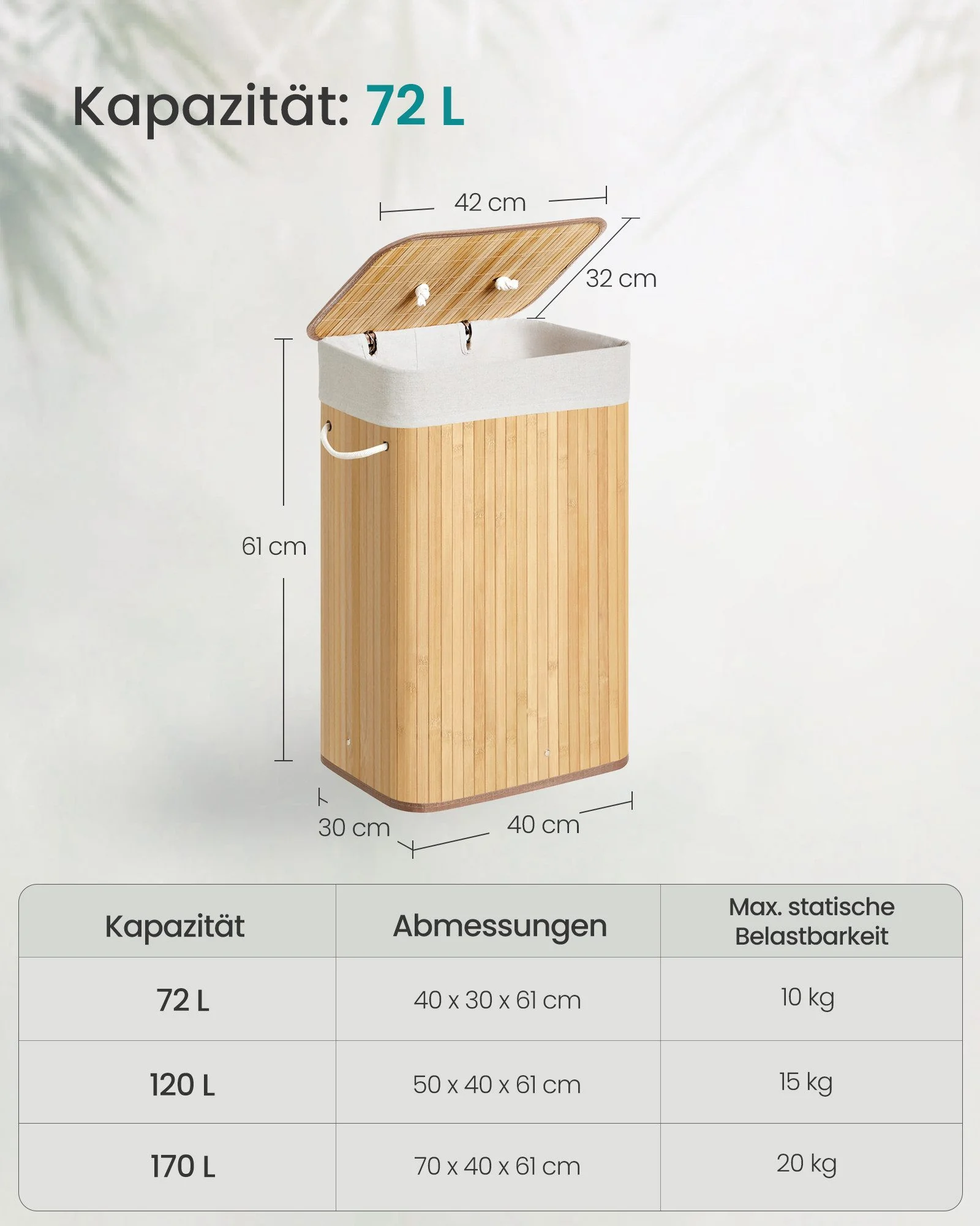SONGMICS Wäschekorb mit Deckel aus Bambus faltbar Wäschesammler