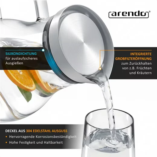 ARENDO Glaskaraffe 2,5 L mit Edelstahldeckel, Henkel und Grobfilter