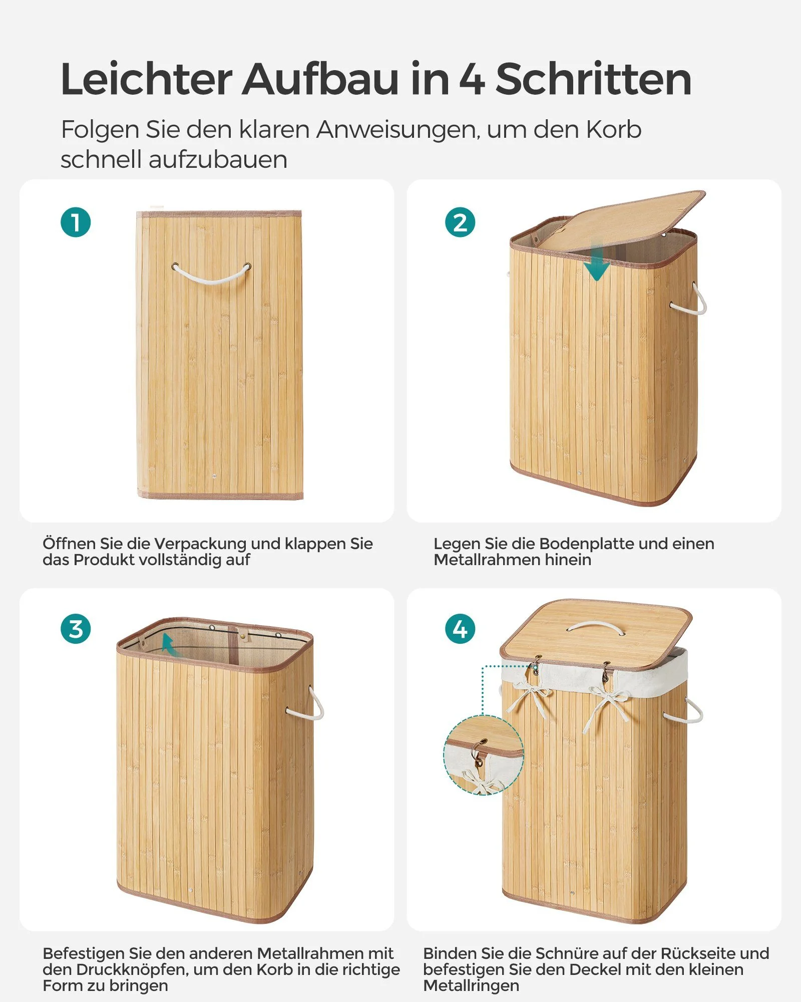 SONGMICS Wäschekorb mit Deckel aus Bambus faltbar Wäschesammler