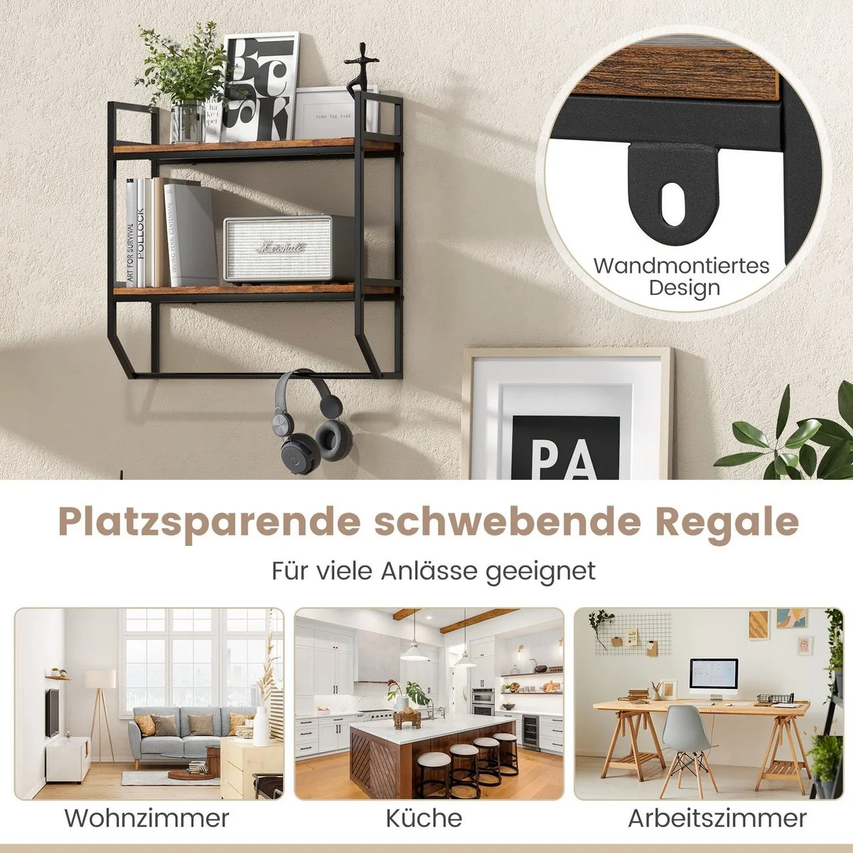 COSTWAY Wandregal Holz Hängeregal fürs Wohnzimmer und Bad